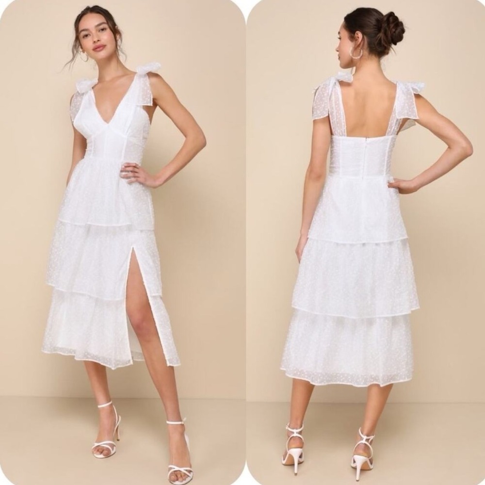 Lulus‎ Blissful Direction White Tie-Strap Clip Dot Bustier Tiered Ruffle Wedding